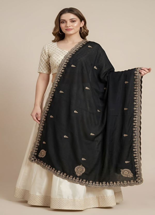 Luxe Vichitra Women Black Dupatta with 4 Side Scalloped Embroidered Border & Buti Embellishment