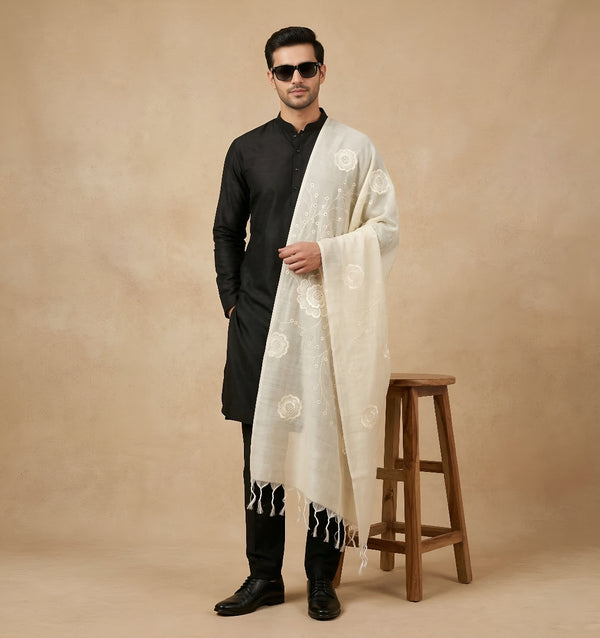 Cotton Embroidered Mens Dupatta – White Tone with Buta Work