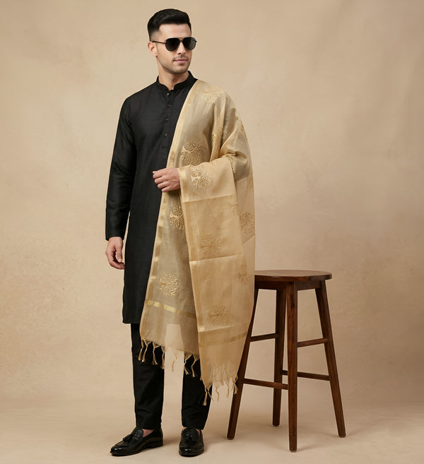 Organza Zari Buta Mens Dupatta – Gold Tone with Gold Woven Design