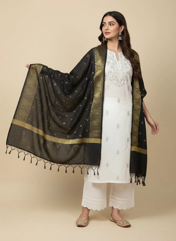 Black Woven Ethnic Motif Dupatta | Elegant Traditional Drape