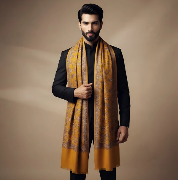 Mir-e-Khas Men's Kashmir-Inspired Jamawar Floral Paisley Vine Yellow Shawl