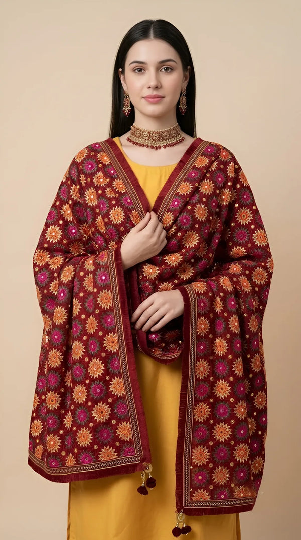 Luxe Handcrafted Chinon Phulkari Floral Mirror & Beads Work Maroon Dupatta