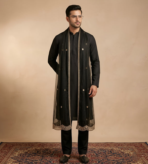 Black Twill Net Mens Dupatta – Scalloped Cutwork Border with Buti Work