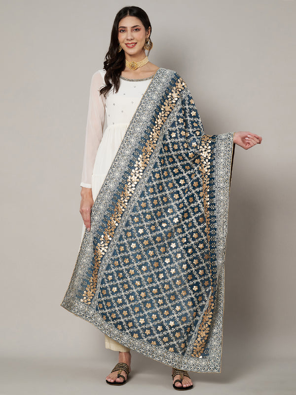 Bottle Green Georgette Dupatta with Gold Foil Booti & Lace Border (Size: 2.5x1 m Approx)