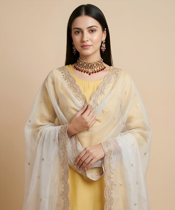 Luxe Fendi Women White Dupatta with 2 Side Scalloped Border, Mirror Detailing & Buti Embellishment