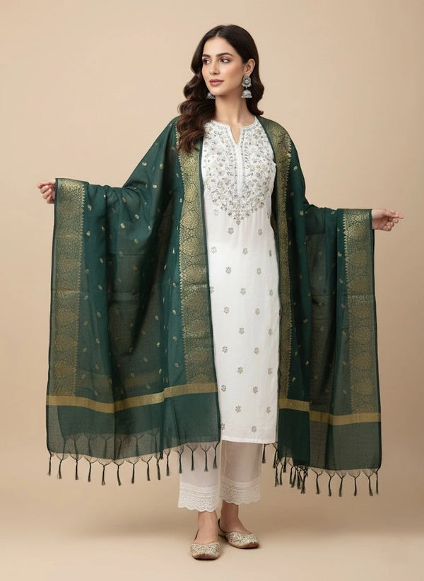 Green Woven Ethnic Motif Dupatta | Elegant Traditional Drape