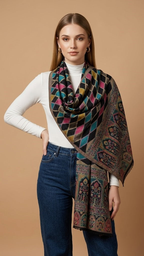 Signature Geometric Diamond Jacquard with Mughal Floral Border Wool Blend Blue Stole