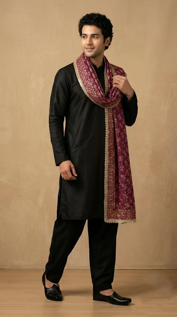 Heritage Phulkari Embroidered Purple Mens Dupatta with Lace Border