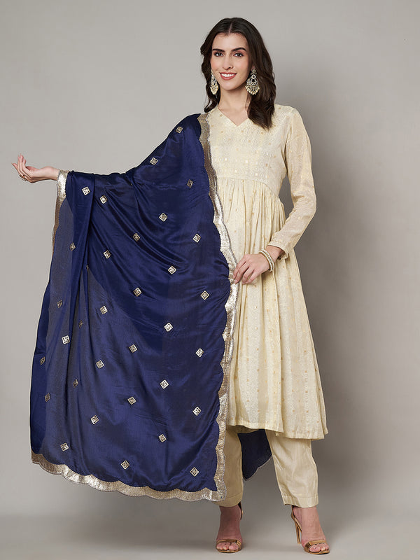 Blue Chiffon Dupatta with Gold Motif Embellishment & Scalloped Border (Size: 2.5x1 m Approx)