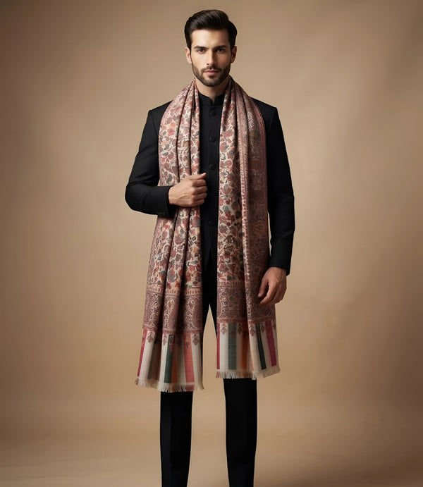Mir-e-Khas Traditional Kashmiri Kani Weave White Shawl for Men – Wool Blend