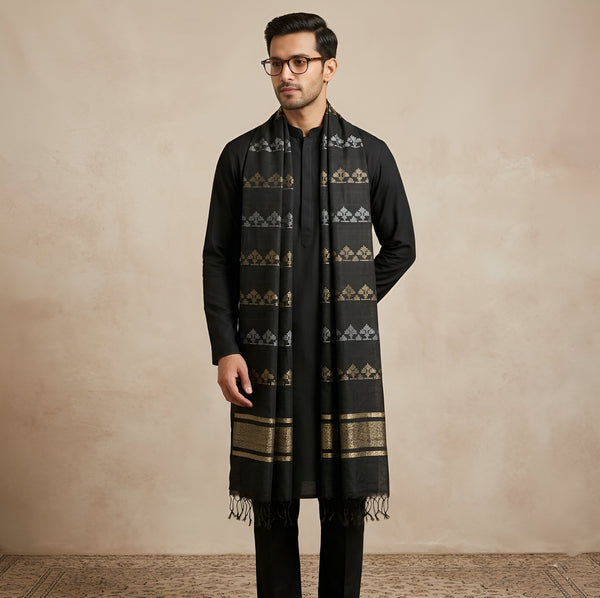 Cotton Cut Work Mens Dupatta – Black Gold Tone with Woven Design