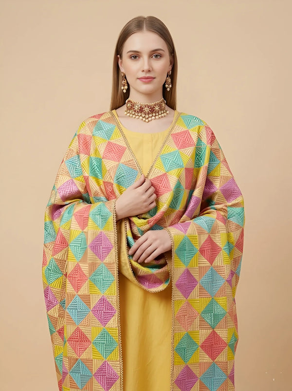 Luxe Chinon Women Phulkari Mulitcolor Dupatta with Geometric Thread Work & Lace Border
