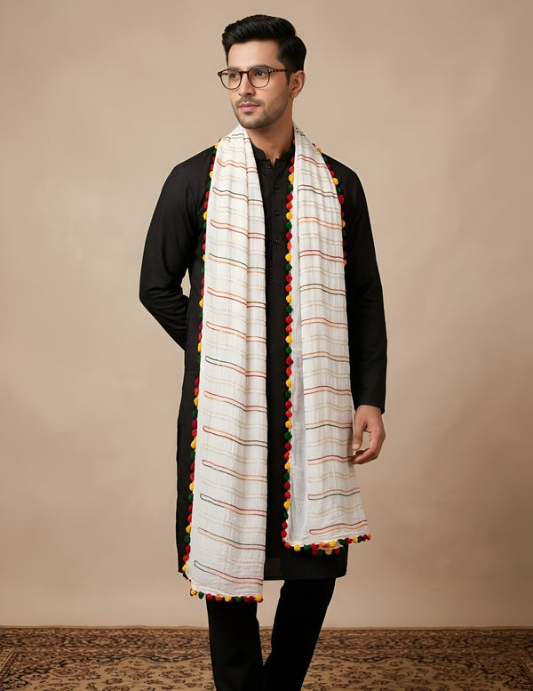 White Nazneen Chiffon Mens Dupatta with Multicolor Stripes & Pom Pom