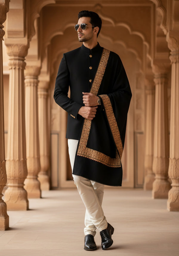Solid Black Woolen Mens Shawl with Rich Embroidered Border – 80 x 40 Inches