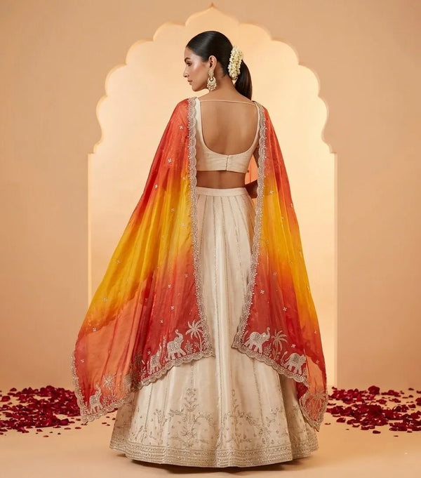 Luxe Fendi Womens Orange Dupatta with Heritage Zari Buti & Elephant Work