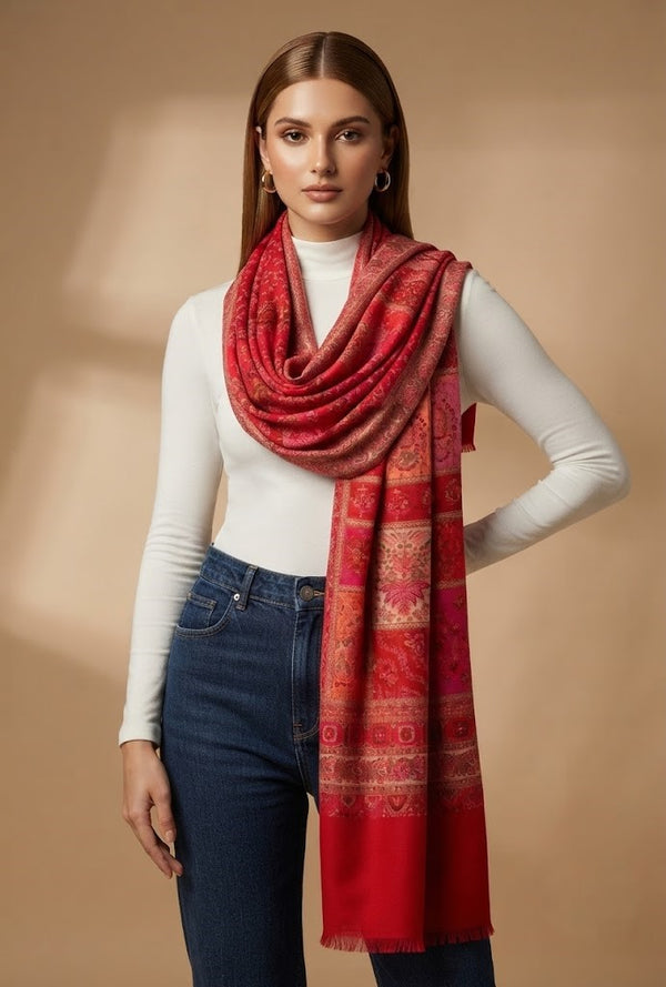 Regal Multicolor Patchwork Kani Jacquard Woven Wool Blend Red Stole