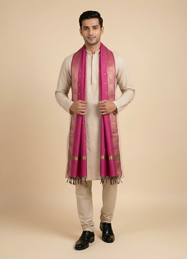 Banarasi Silk Mens Dupatta – Pink with Zari Buta & Border Work