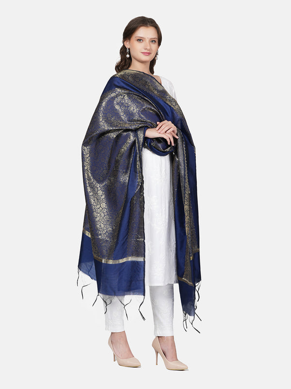 Blue Banarasi Silk Dupatta with All-Over Woven Floral Zari Jaal (Size: 2.5x1 m Approx)