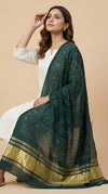 Bamboo Silk Bandhani Inspired Gajji Women Green Dupatta with Elephant & Floral Motifs and Golden Tape Border