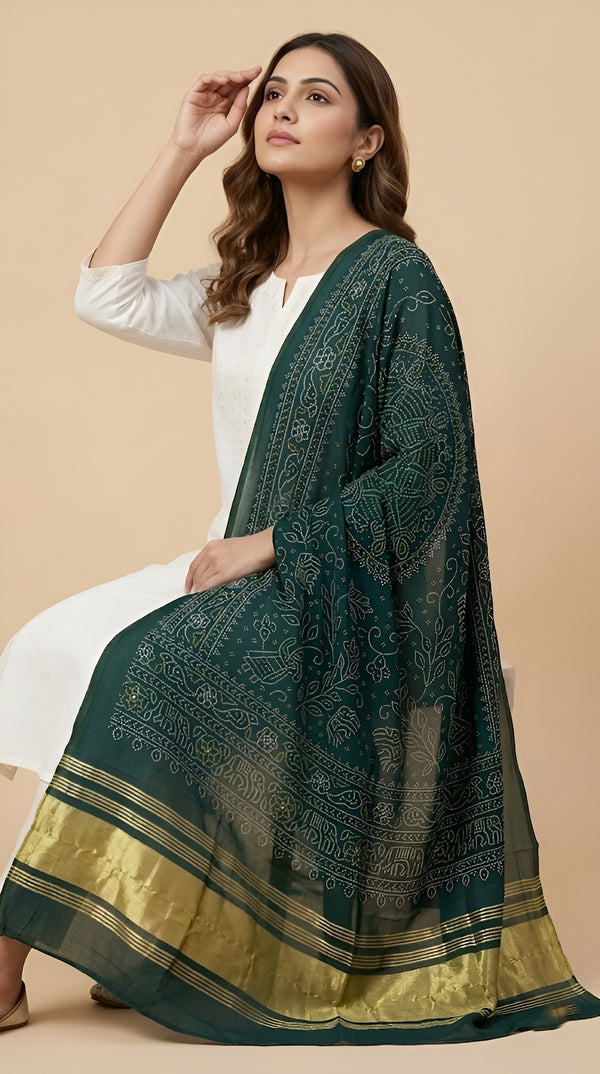 Bamboo Silk Bandhani Inspired Gajji Women Green Dupatta with Elephant & Floral Motifs and Golden Tape Border