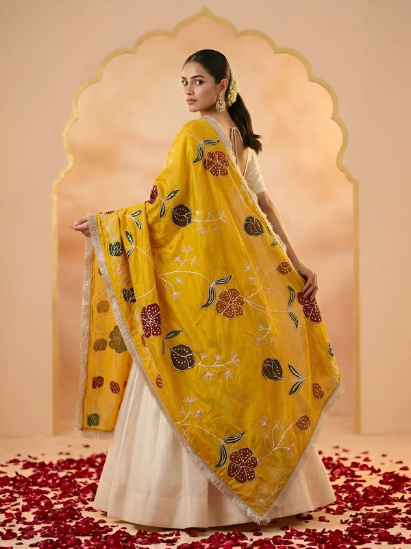 Luxe Cosmos Womens Yellow Dupatta with Zari Brush Print & Lace Border