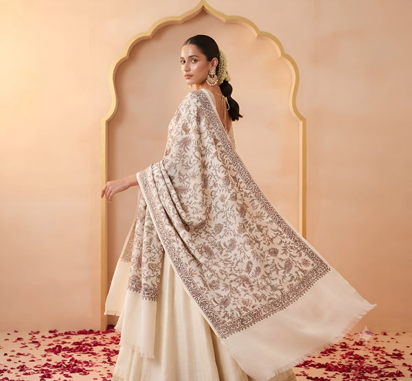Naqsh-e-Kashmir Inspired Jamawar Floral Paisley Vine Wool Blend White Shawl