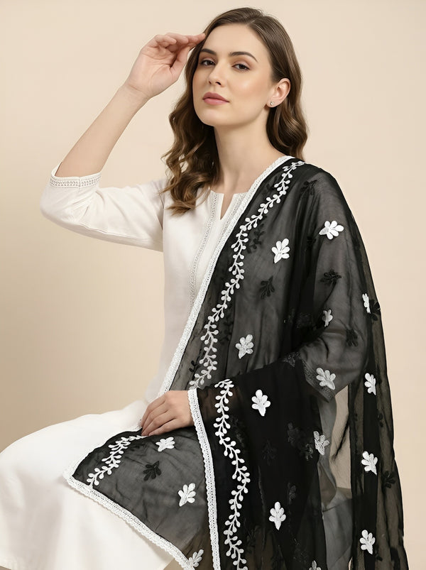 Black Nazneen Chiffon Embroidered Dupatta with Floral Work