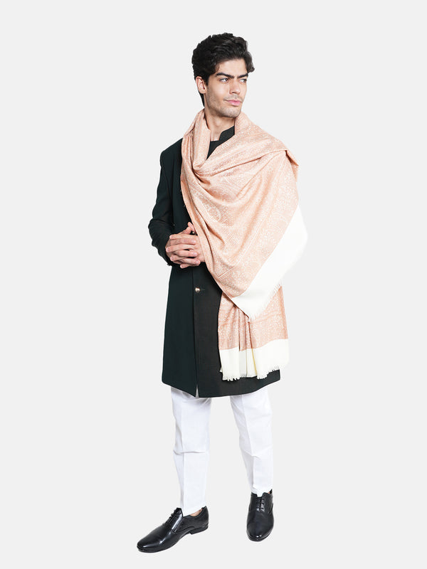 White Jamawar Wool Blend Mens Shawl with Intricate Paisley Weave – 80×40 Inches