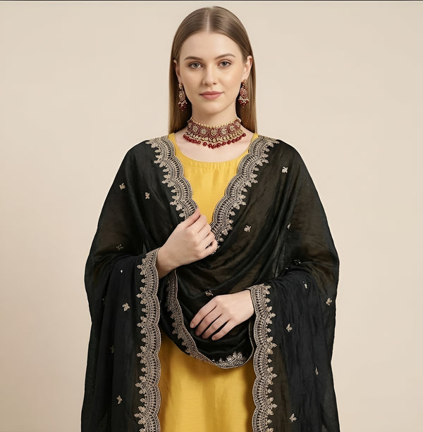Luxe Fendi Women Black Dupatta with 2 Side Scalloped Border, Mirror Detailing & Buti Embellishment