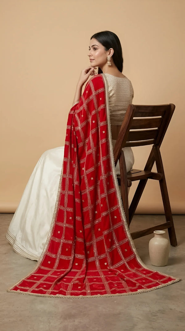 Red Chinon Dupatta with Gold Grid Embellishment (Size: 2.5x1 m Approx)