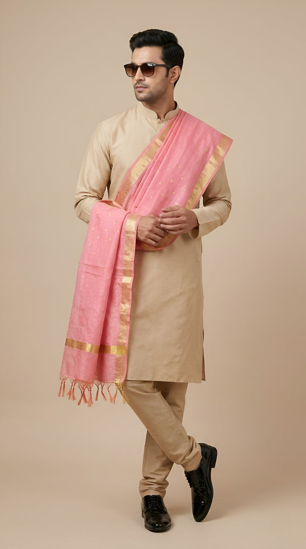 Cotton Silk Mens Dupatta – Pink with Zari Buta & Border Work