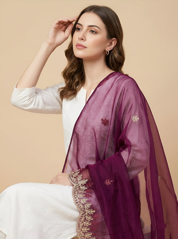 Wine Organza Women Dupatta – Scalloped Cutwork Border with Buti Work