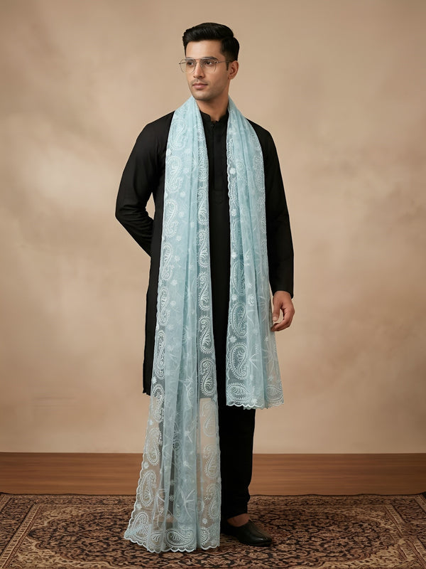 Organza Mens Dupatta – Aqua with Paisley Embroidery & Floral Design
