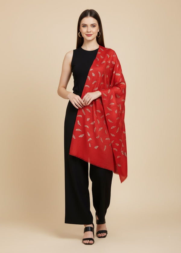 Micro Wool Red Feather Motif Women Stole | Soft Wrap with Subtle Woven Accents (80 × 28 Inches)