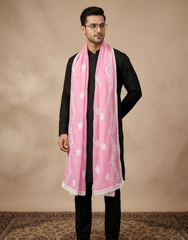 Pink Nazneen Chiffon Mens Dupatta with Floral Embroidery & Border