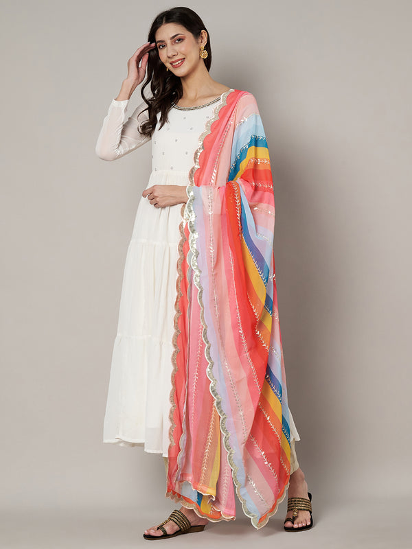 Multicolour Striped Georgette Dupatta with Gota Lace Border (Size: 2.5x1 m Approx)