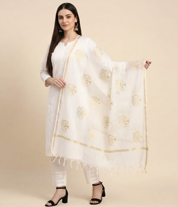 Elegant White Cotton Zari Buta Dupatta | Lightweight Ethnic Drape