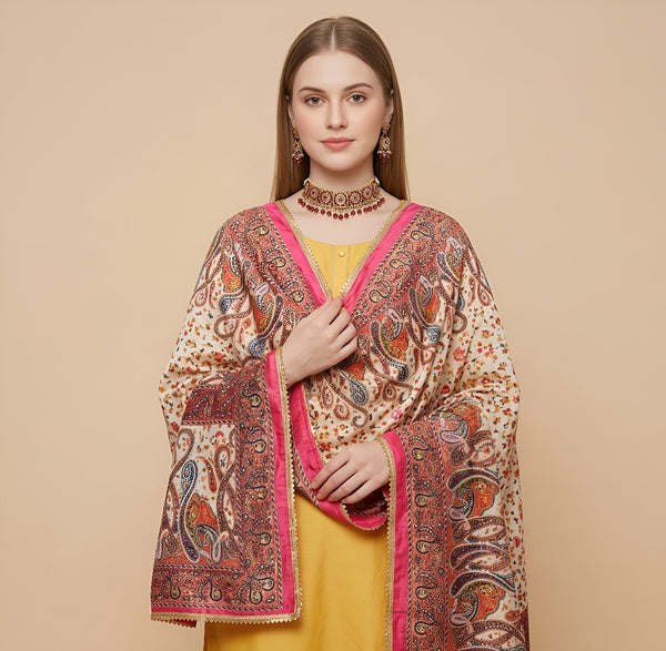 Chinon Floral Mirror Work Women Multicolor Dupatta with Designer Printed Panels & Lace Border