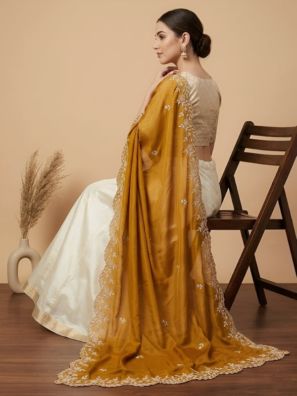 Luxe Rangoli Women Gold Dupatta with 4 Side Scalloped Embroidered Border & Buti Embellishment