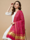 Bamboo Silk Bandhani Inspired Gajji Women Pink Dupatta with Elephant & Floral Motifs and Golden Tape Border
