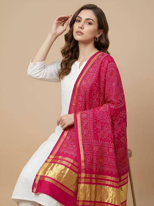 Bamboo Silk Bandhani Inspired Gajji Women Pink Dupatta with Elephant & Floral Motifs and Golden Tape Border