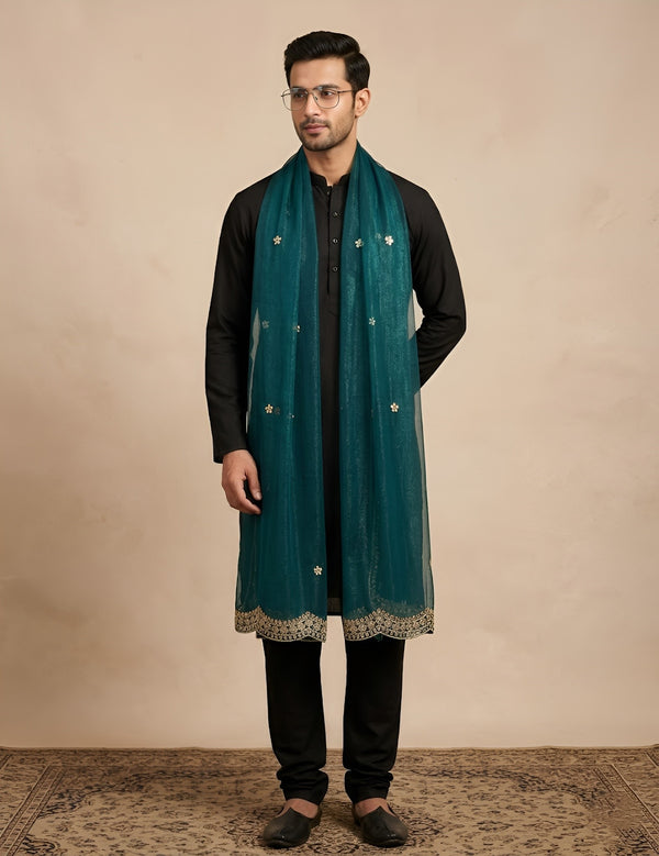 Teal Twill Net Mens Dupatta – Scalloped Cutwork Border with Buti Work