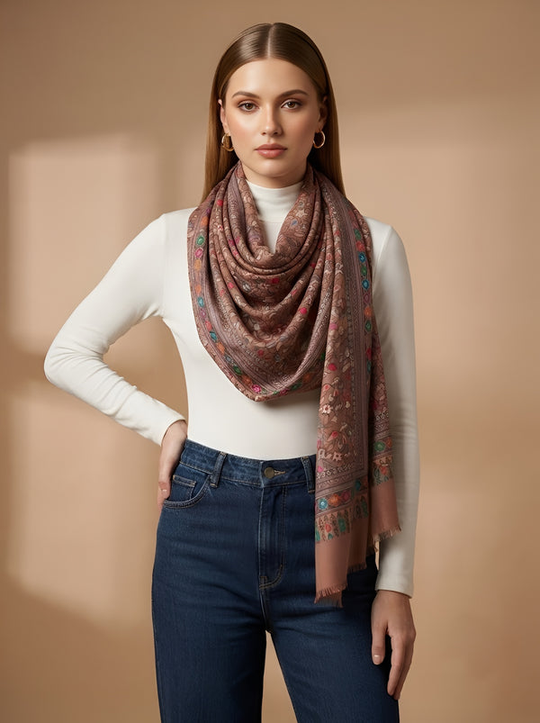 Signature Kalamkari Printed Bamboo Silk Brown Stole
