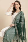 Green Twill Net Women Dupatta – Scalloped Cutwork Border with Buti Work