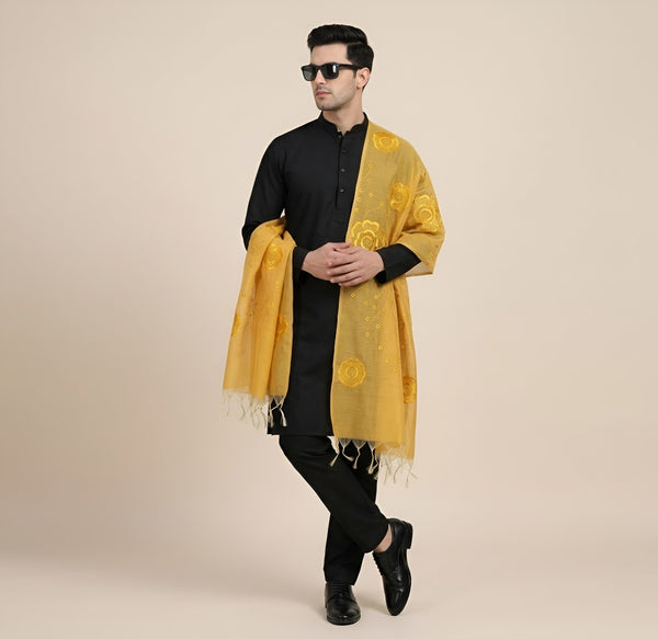 Cotton Embroidered Mens Dupatta – Yellow Tone with Buta Work