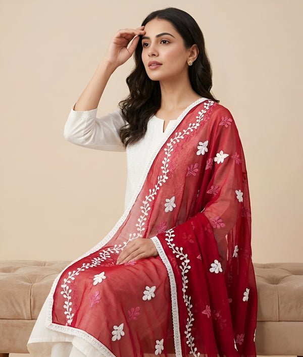 Red Nazneen Chiffon Embroidered Dupatta with Floral Work