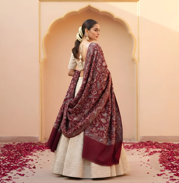 Naqsh-e-Kashmir Inspired Jamawar Floral Paisley Vine Wool Blend Maroon Shawl