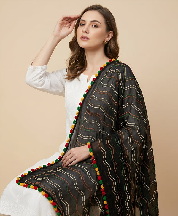 Black Nazneen Chiffon Dupatta with Multicolor Stripes & Pom Pom Border