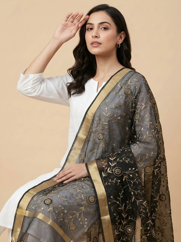 Black Organza Meena Jaal Dupatta | Elegant Sheer Festive Drape