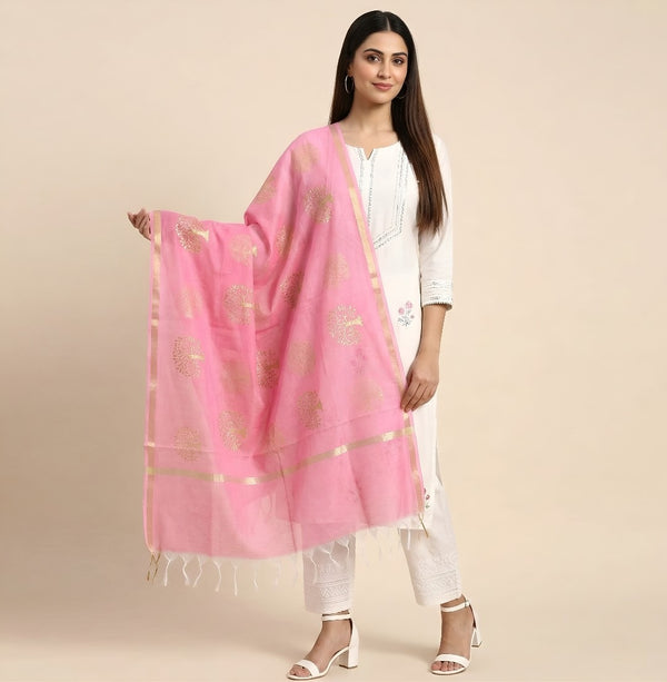 Elegant Pink Cotton Zari Buta Dupatta | Lightweight Ethnic Drape